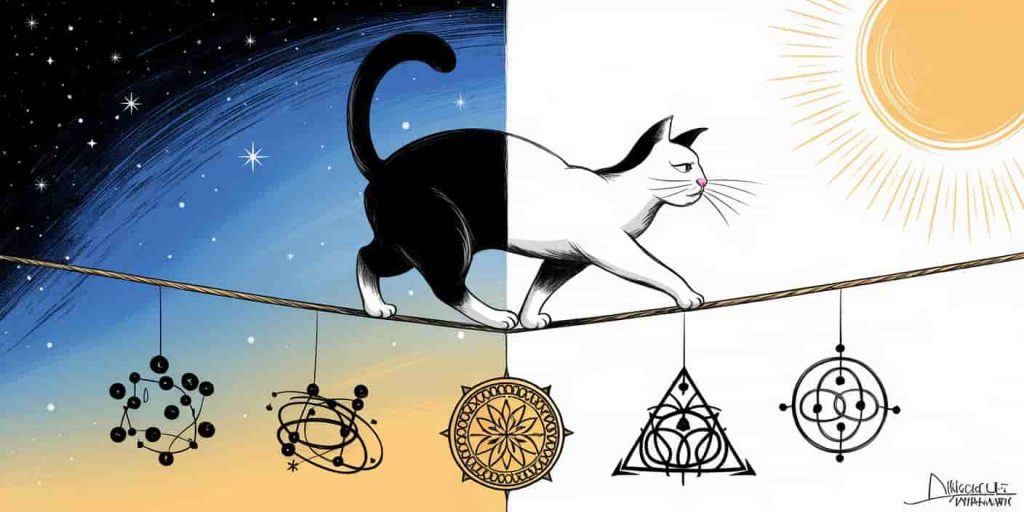 Black and white cat balancing on tightrope between light and dark realms, surrounded by spiritual symbols