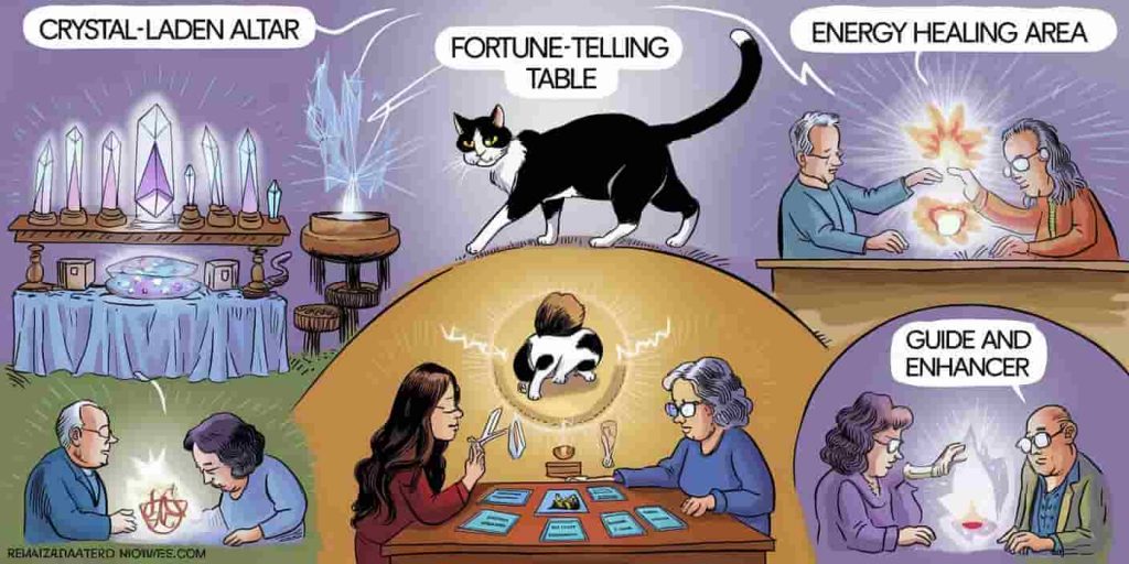 Black and white cat assisting in various spiritual practices in a mystical workshop