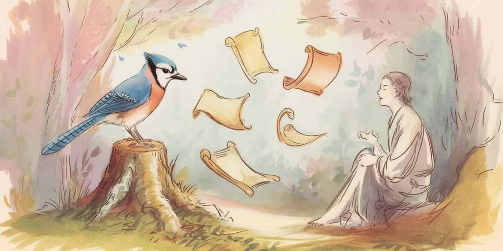 Vintage watercolor sketch of a blue jay and human figure in a misty forest, surrounded by floating scrolls containing spiritual messages and lessons from blue jay encounters.