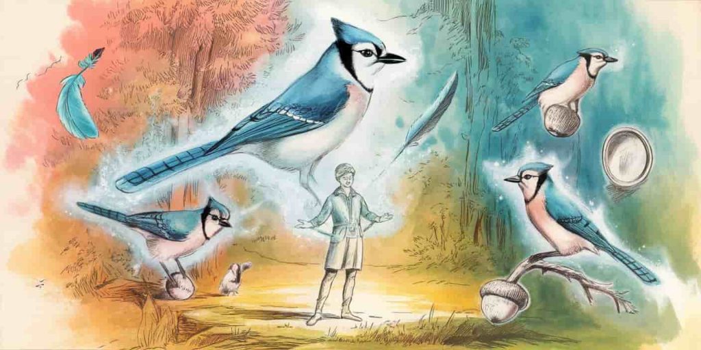 Vintage watercolor sketch of a person in a forest clearing with a blue jay-shaped aura, surrounded by realistic blue jays and symbols representing different aspects of blue jay spirit animal energy.