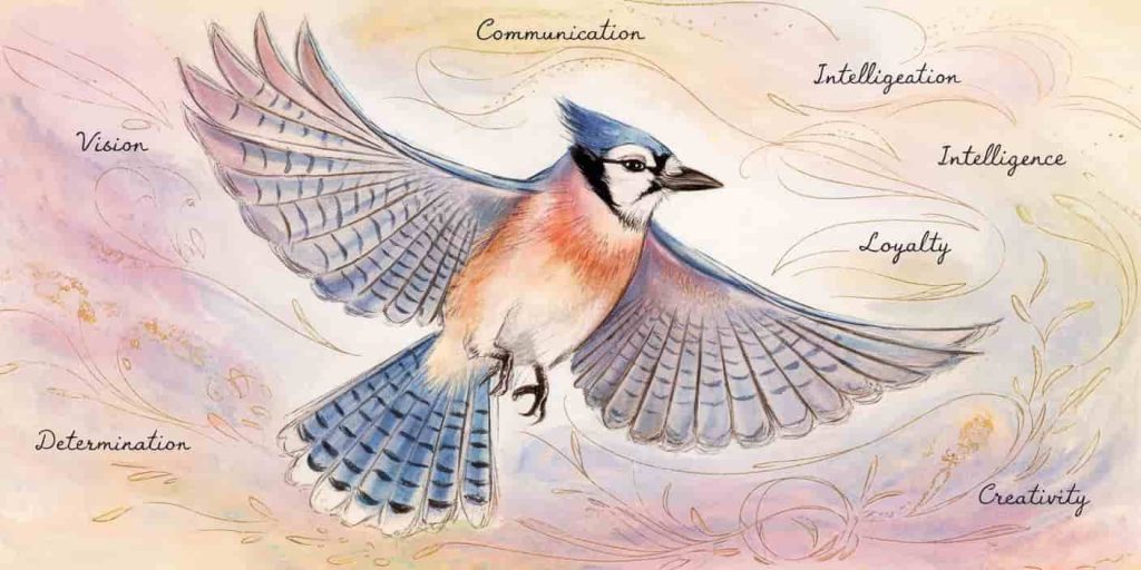 Vintage watercolor sketch of a flying blue jay surrounded by swirling patterns representing seven aspects of blue jay symbolism: communication, intelligence, vision, courage, loyalty, determination, and creativity.