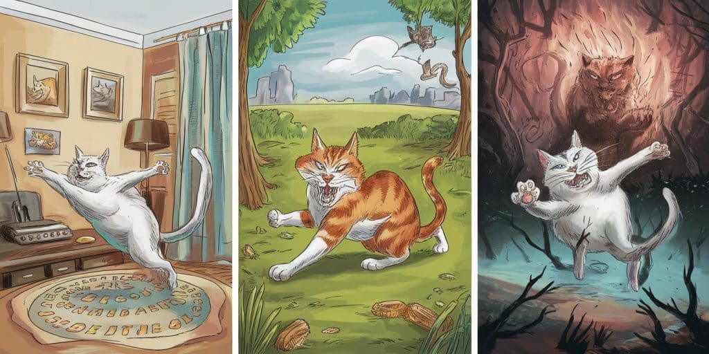 Triptych of cat attack dream scenarios: domestic setting, wild nature, and surreal dreamscape