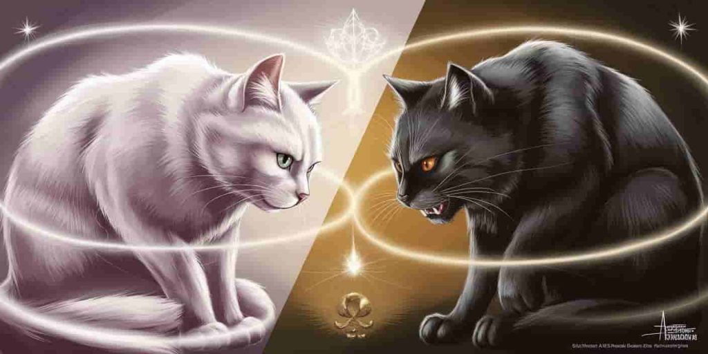 Split scene contrasting a serene white cat and fierce black cat, representing different spiritual meanings of cat attacks in dreams