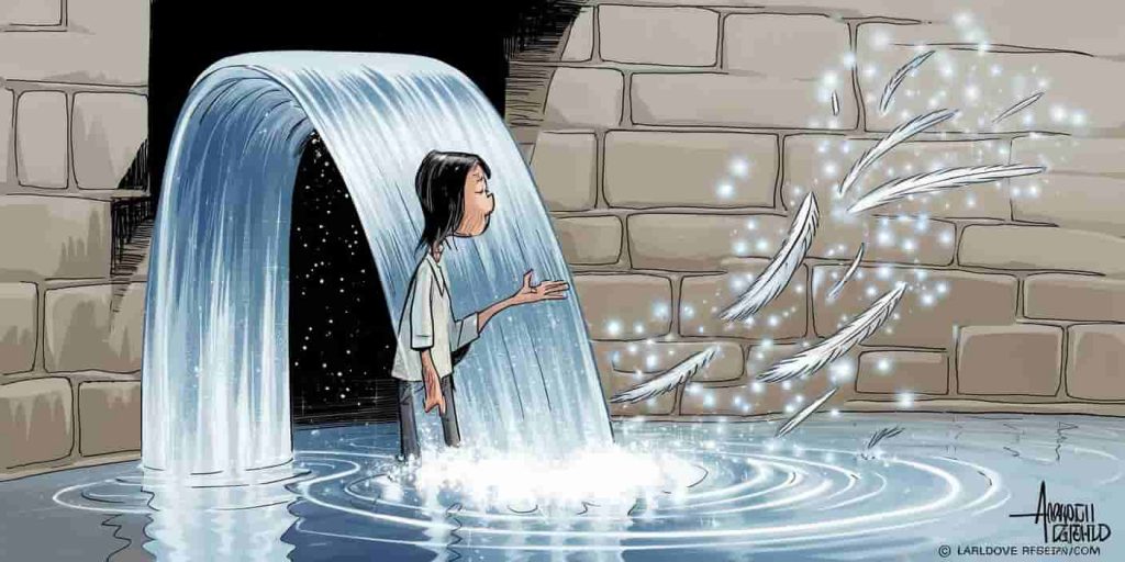 Person under waterfall transforming into white feathers and glowing orbs, representing cleansing and purification symbolism of bird droppings.