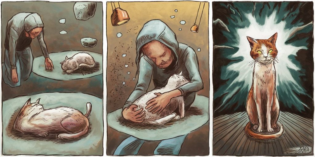 Triptych image showing three common dead cat dream scenarios: discovering a lifeless cat, holding a dying cat, and a cat coming back to life.