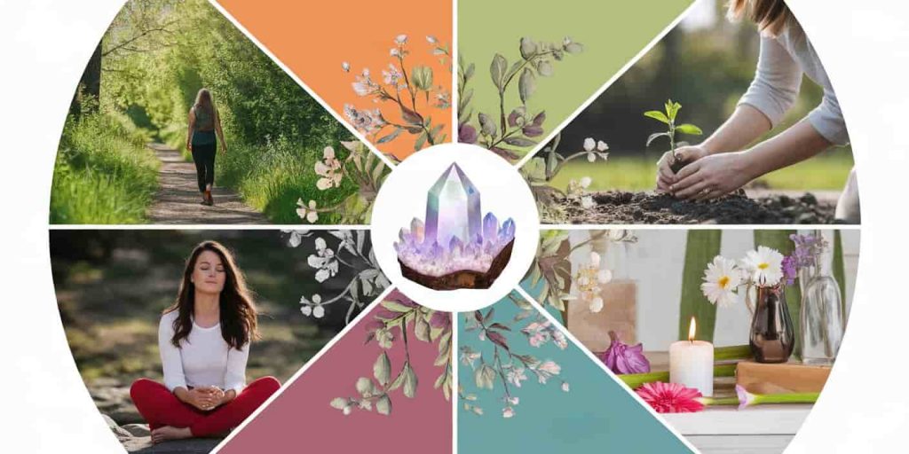 A circular image divided into sections showing different methods of connecting with April's spiritual essence, including nature walks, planting rituals, outdoor reflection, and spring altars, with a glowing crystal at the center.