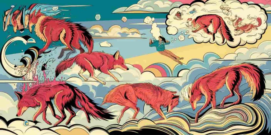Surreal pop art dreamscape with transforming coyotes, a floating dreamer, and thought bubbles containing coyote symbols, illustrated in a dreamy color palette with bold outlines.