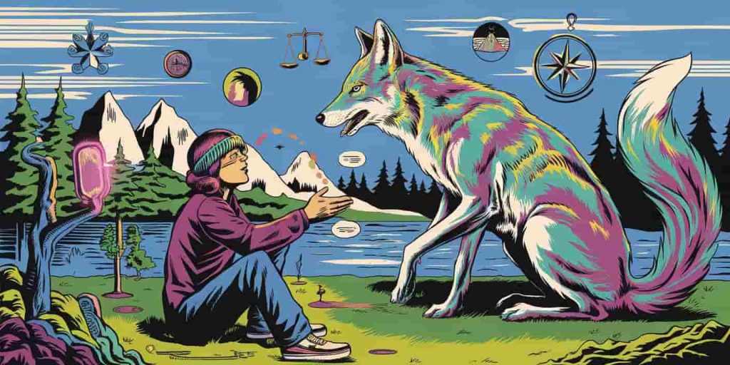 Psychedelic pop art illustration of a person encountering an ethereal, patterned coyote in a dreamlike scene, surrounded by floating symbols representing spiritual lessons, in bold, saturated colors.