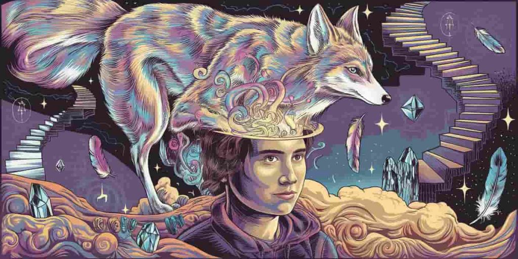 Pop art portrait of a person with a colorful, swirling coyote spirit emerging from their head, surrounded by spiraling pathways, feathers, crystals, and stars, representing spiritual guidance in vibrant colors