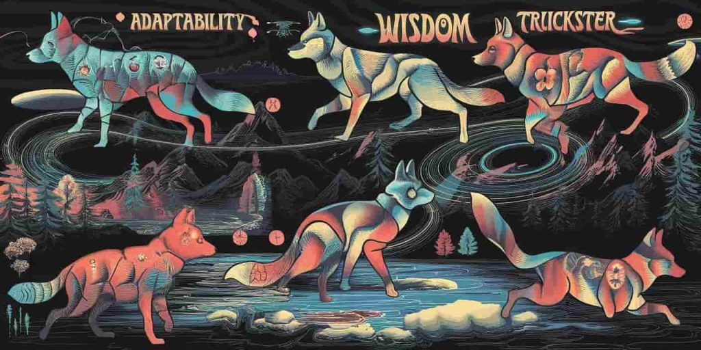 A collage of coyote silhouettes filled with vibrant patterns and symbols, connected by spiraling energy lines, with words "Adaptability," "Wisdom," and "Trickster" in groovy fonts, illustrating various coyote spiritual meanings.