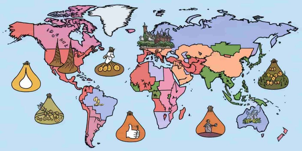 World map with stylized illustrations showing various cultural interpretations of bird droppings, including coins in Russia and thumbs-up in Turkey.