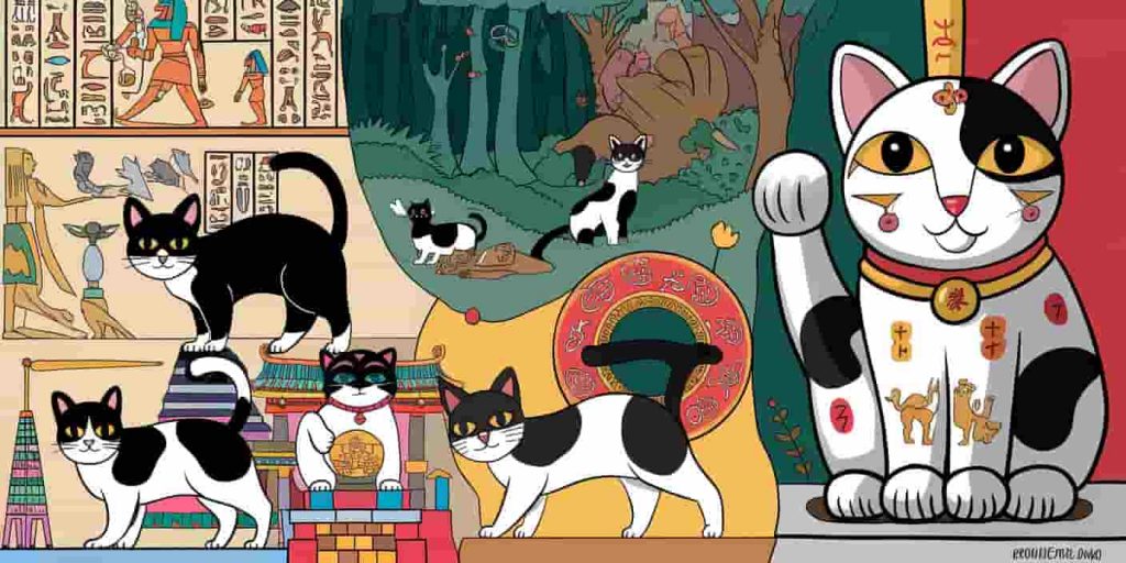 Collage of cultural scenes with black and white cats in Egyptian, Celtic, and Asian settings