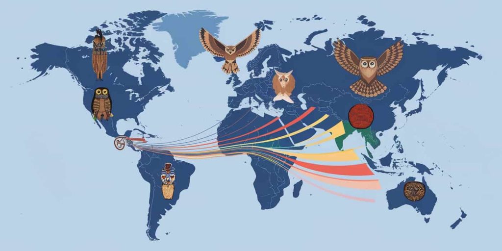 World map featuring cultural symbols and flying owls, representing diverse interpretations of nighttime owl calls across different societies.