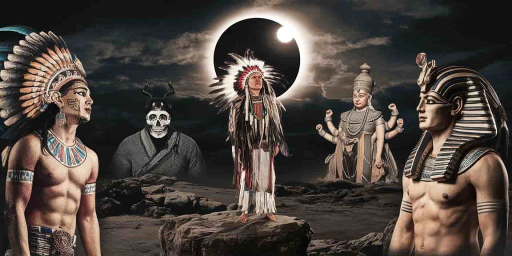 A Ukiyo-e-inspired dark fantasy collage of figures from various cultures holding solar eclipses, surrounded by rich cultural symbols and motifs
