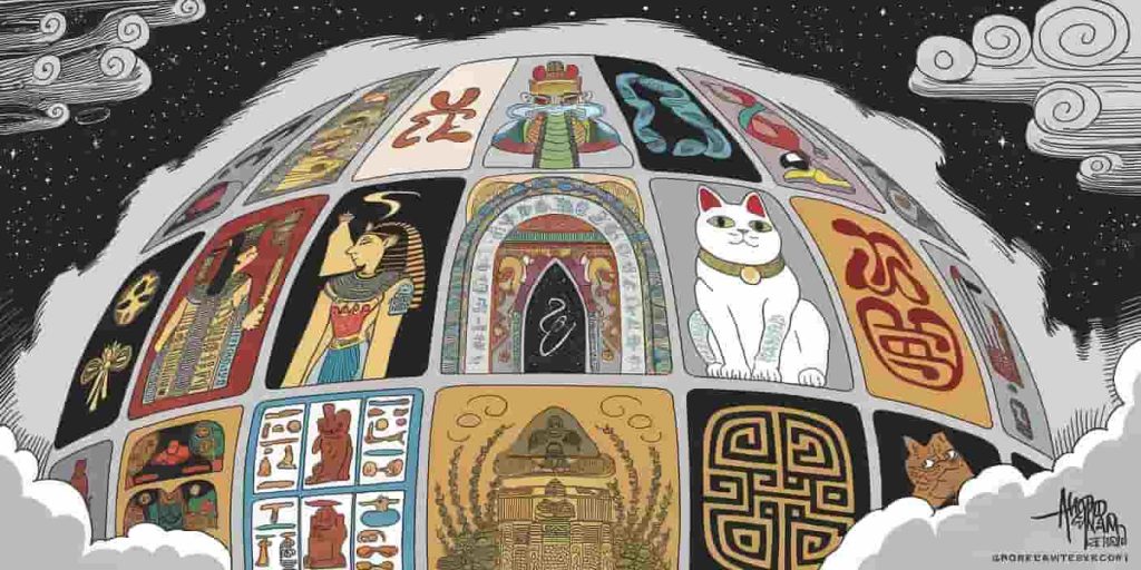 Globe-like structure showcasing various cultural and mythological interpretations of dead cat dreams from around the world.