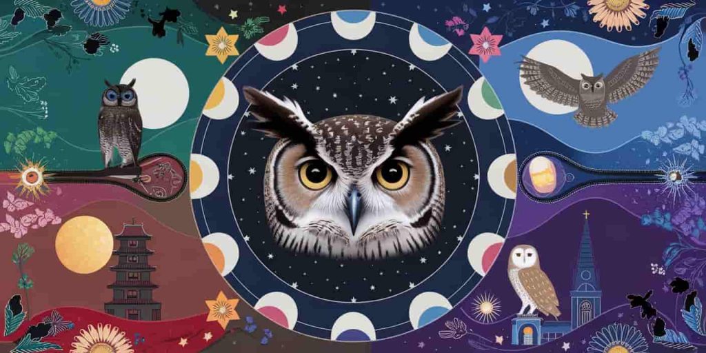 Circular mandala image with a central owl face surrounded by a starry night sky, divided into sections showing nocturnal owl scenes from different cultures including Native American, Chinese, Indian, and European, with intricate patterns and flying owl silhouettes.