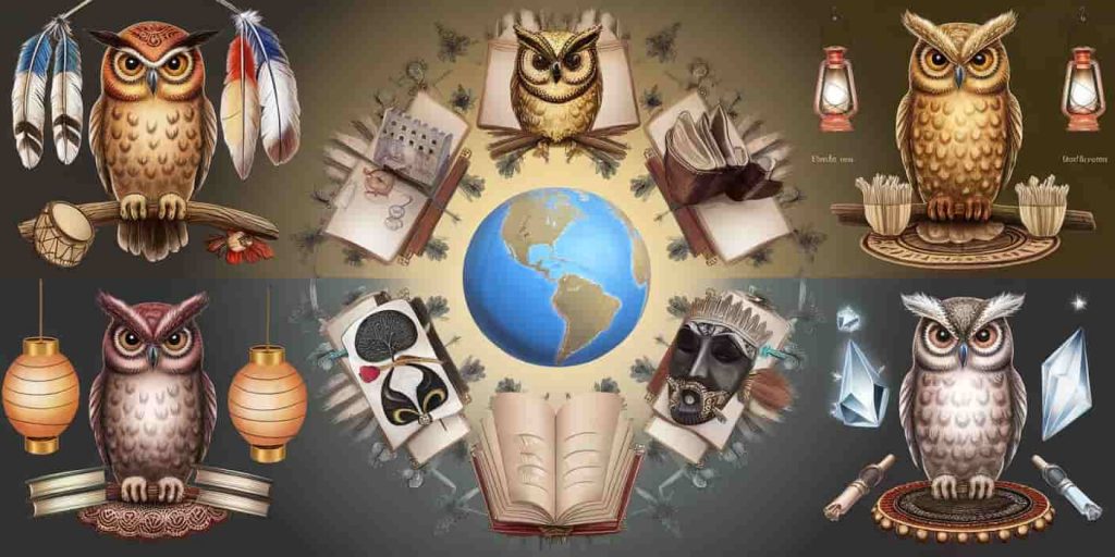 Circular composition of five culturally diverse owl representations surrounding a central globe, illustrating various spiritual interpretations
