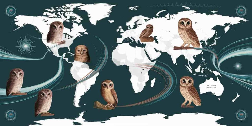 Vintage-style global map with cultural symbols of owl wisdom, baby owls, and swirling dream-like patterns connecting diverse interpretations