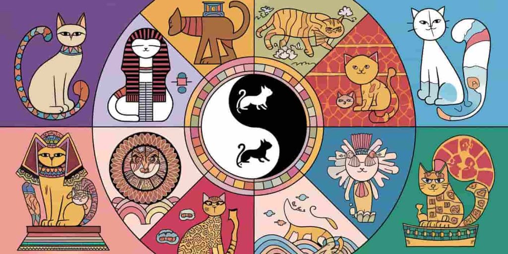 Mandala-like composition of culturally diverse cat imagery surrounding a yin-yang symbol with cat silhouettes