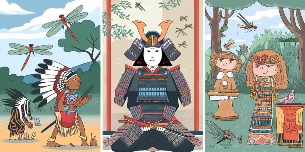 Triptych of dragonfly symbolism in Native American, Japanese, and European cultures with specific cultural elements