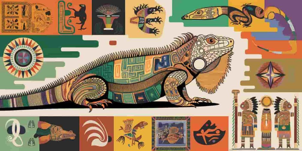 Cultural mosaic of iguana symbolism featuring Mayan hieroglyphs, Caribbean folk art, Native American patterns, and modern symbols around a wise iguana