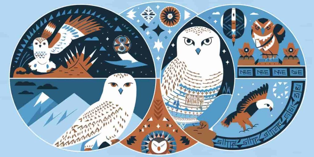 A circular composition divided into four sections depicting Native American, Arctic Indigenous, Norse, and modern spiritual interpretations of snowy owls using distinct art styles and symbols.