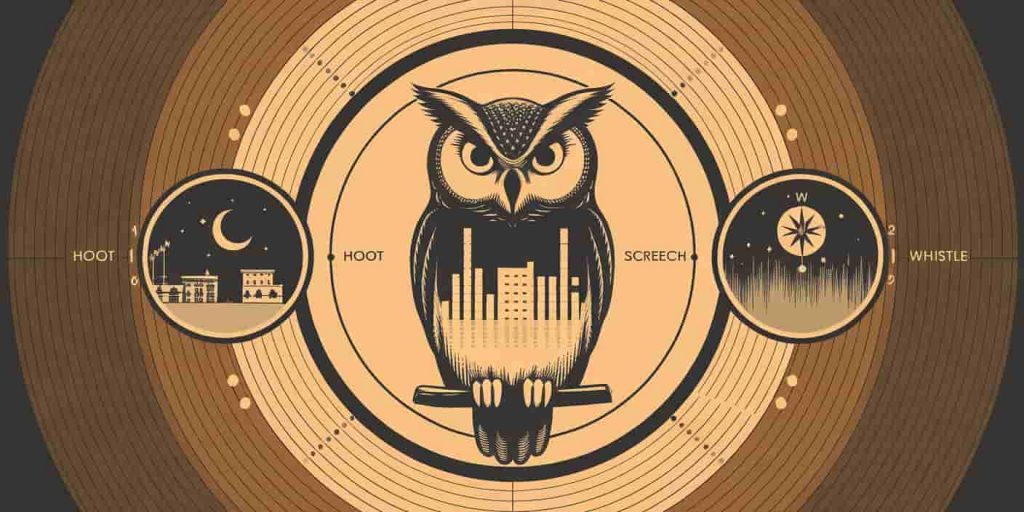 Circular sound wave diagram featuring an owl at the center, surrounded by concentric circles representing different owl calls and their meanings.