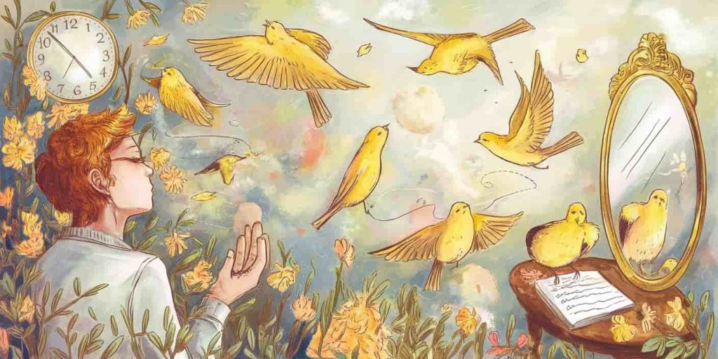 Dreamlike scene with a person observing yellow birds in various states, surrounded by symbolic elements like a clock, mirror, and journal.
