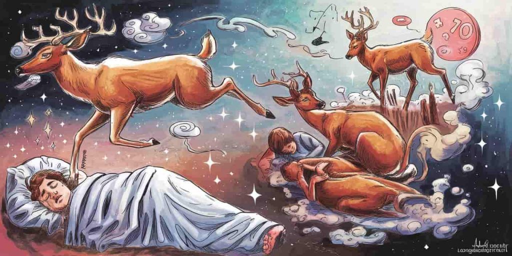 Surreal dreamscape featuring multiple deer figures interacting with a dreamer, including a deer leaping over a sleeping person, leading the dreamer down a path, and being tended to, all set in an ethereal environment with stars and floating symbols.