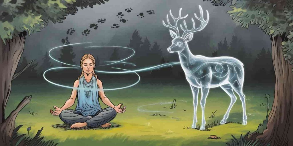 Person meditating in a forest clearing with a translucent deer spirit guide nearby, energy lines connecting them, and subtle animal tracks in the background symbolizing spiritual guidance.