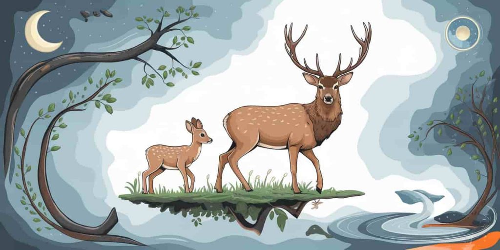 Dreamlike montage showing a deer transforming from fawn to stag, surrounded by symbolic elements like antlers growing into branches, a crescent moon, and rippling water, representing spiritual symbolism and renewal.