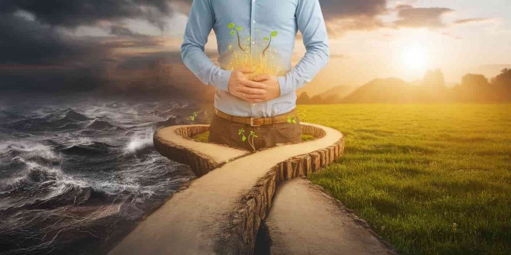 Person at crossroads with glowing stomach, one path leading to stormy landscape and another to serene meadow, growth symbols emerging from