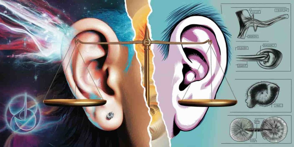 Split image showing mystical representation of ear ringing on one side and medical illustration on the other, with a balanced scale in the center.