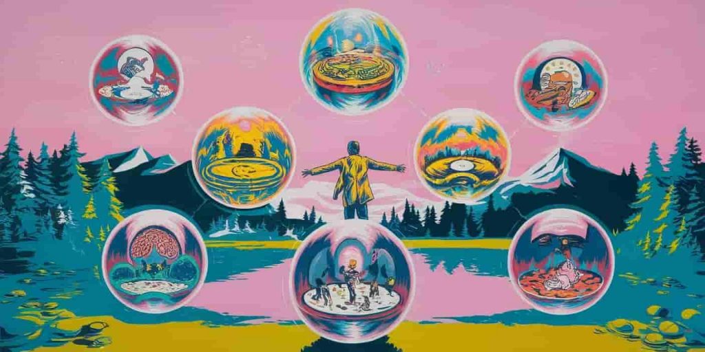 Person surrounded by glowing orbs representing unexpected sneezes, each containing scenes of divine communication and spiritual messages.