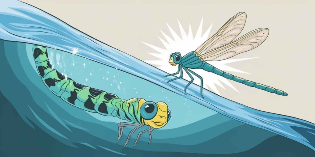 Split-screen image of dragonfly nymph underwater transforming into adult dragonfly emerging from water surface with light rays