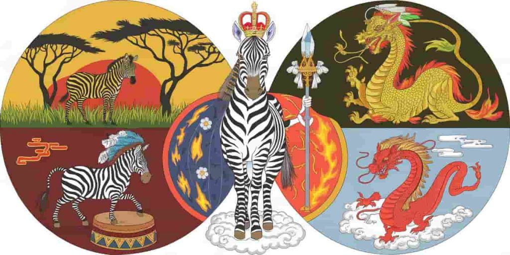 Circular image divided into four cultural sections showing diverse zebra symbolism interpretations, centered around zebra figure