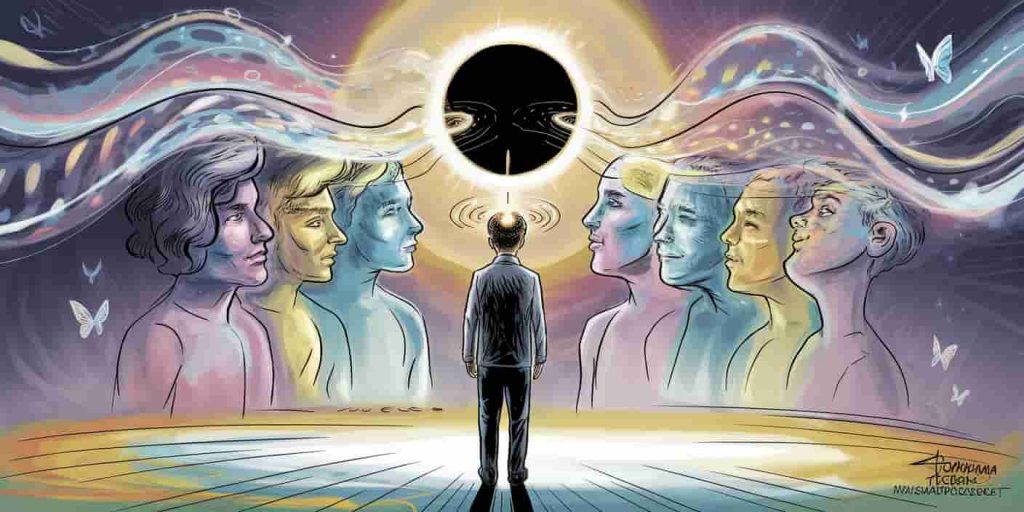 Person experiencing energy waves from a solar eclipse, with multi-layered aura and transformation symbols, representing spiritual meanings of eclipse headaches.