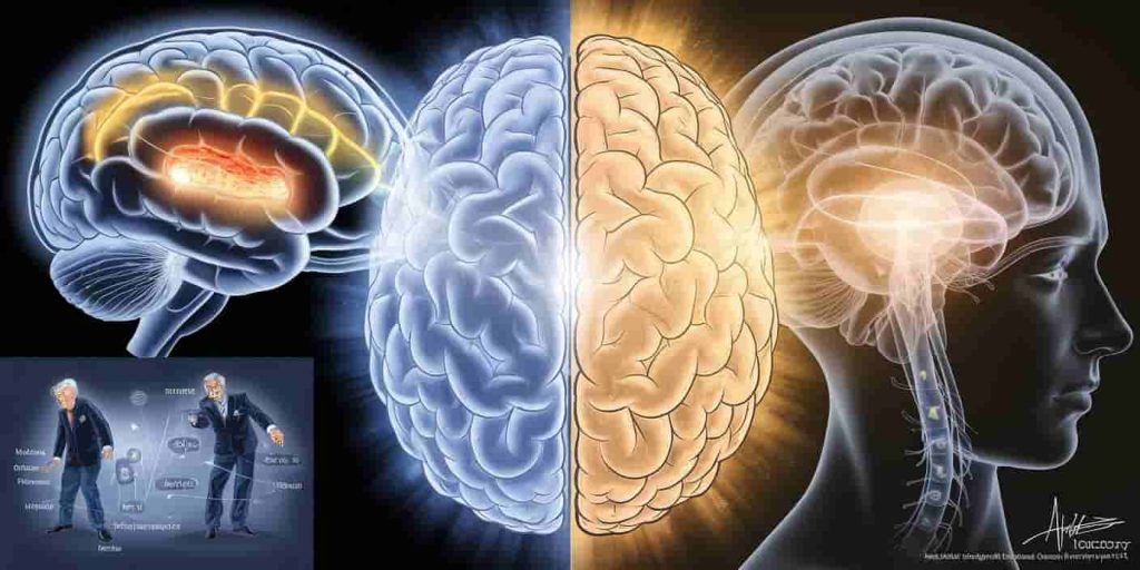 Split image of scientific and spiritual representations of brain during eclipse, merging in center, illustrating balance of physical and spiritual interpretations.