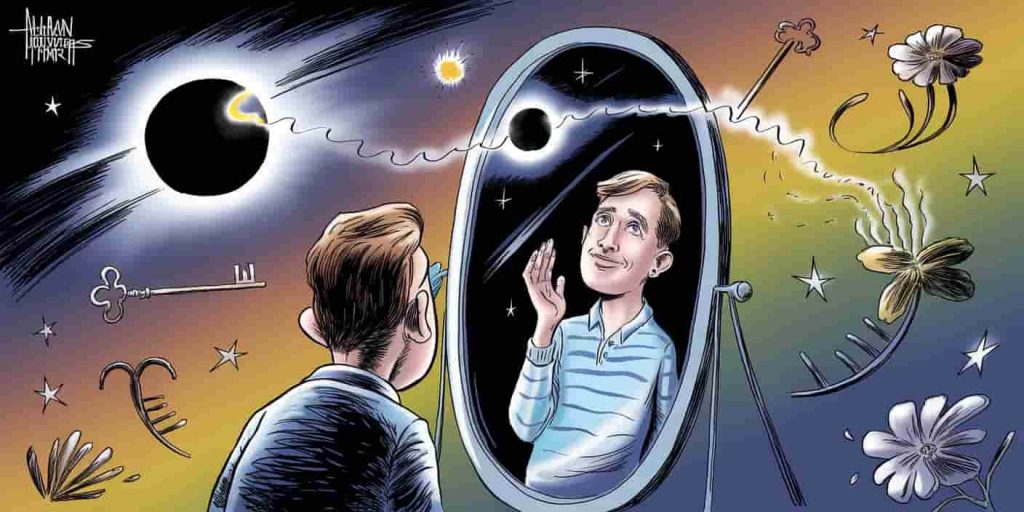 Person facing a mirror during solar eclipse sees enlightened reflection, surrounded by growth symbols, illustrating personal transformation.