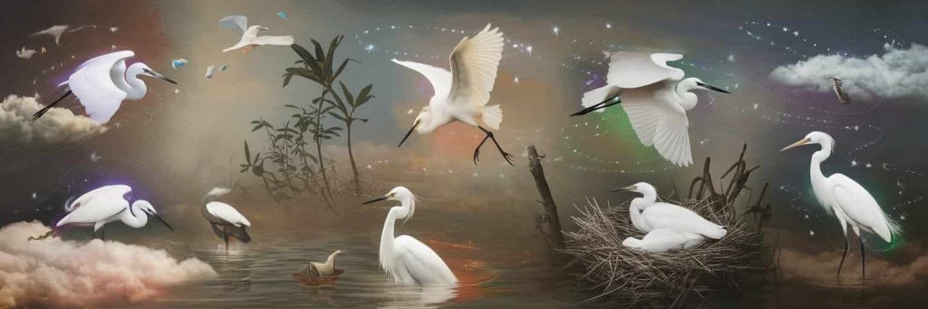 Dreamlike scene with multiple egrets in various scenarios (flying, in water, nesting) with colored auras, surrounded by dream symbols in a surreal background.