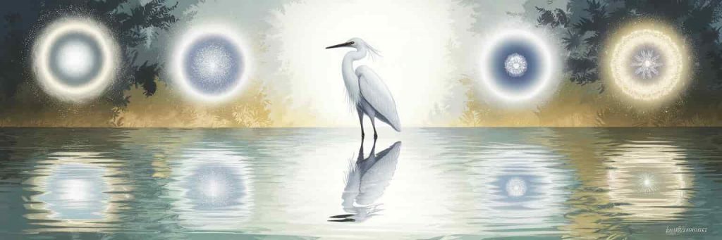 A white egret standing in clear water, surrounded by glowing orbs representing spiritual qualities, symbolizing purity and divine connection.