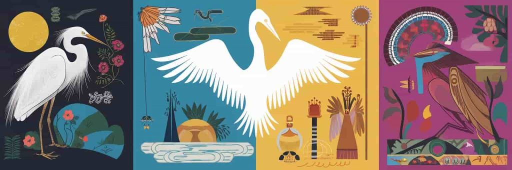 Circular mandala-like image divided into four cultural sections (Native American, Eastern, African, European) with egret symbolism, centered around an egret silhouette.