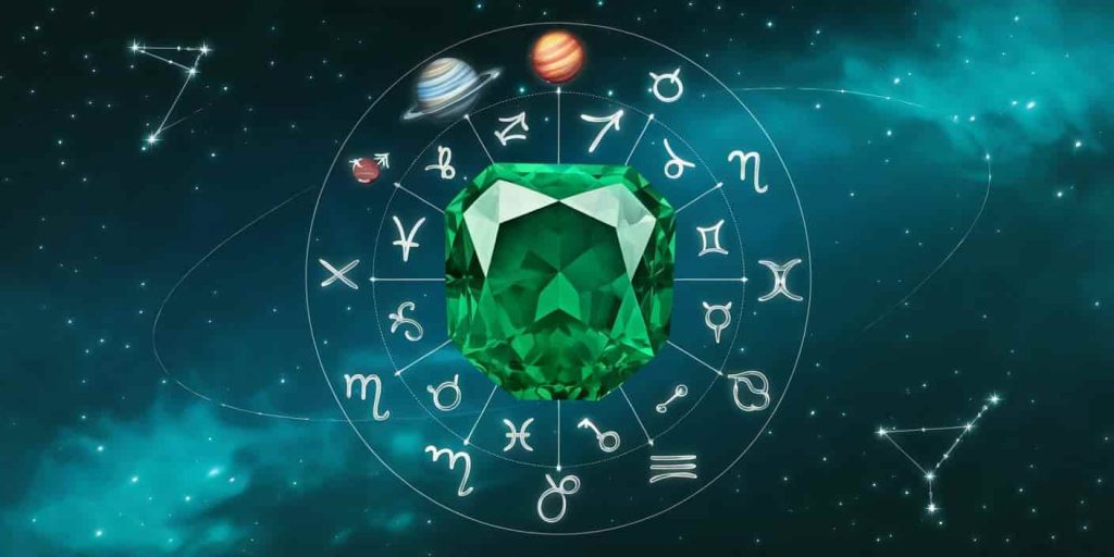 Emerald in a night sky with zodiac symbols and orbiting planets
Title: Emerald's Astrological Influence