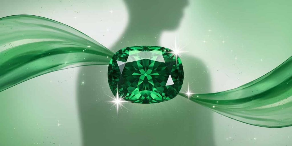 An emerald radiating green energy waves, with a human silhouette in the background, illustrating its healing properties.