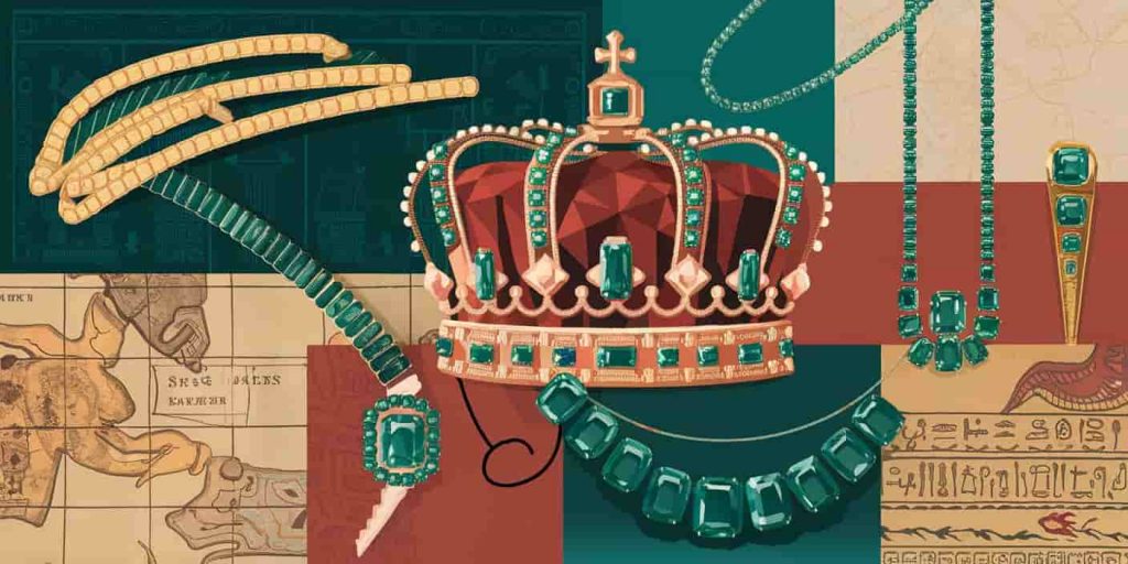 Collage of ancient emerald-adorned artifacts with historical elements
Title: Emeralds Through History