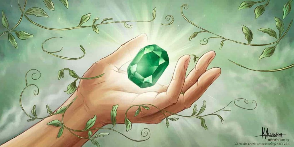 Hand holding a glowing emerald surrounded by vines and leaves
Title: Emerald's Spiritual Symbolism