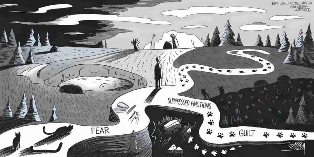 Surreal landscape with a person at a crossroads, paths leading to representations of grief, fear, suppressed emotions, and guilt in dead cat dreams.