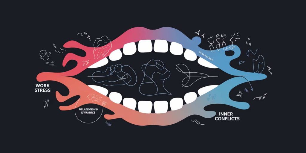 Digital artwork of a jawbone surrounded by emotional representations, with color gradients from stress to calm