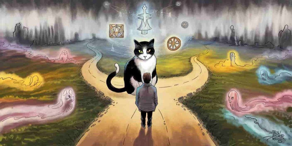 An ethereal depiction of a meaningful encounter with a black and white cat, symbolizing guidance and spiritual crossroads. Person meeting a mystical black and white cat at a crossroads with symbolic paths and spiritual imagery