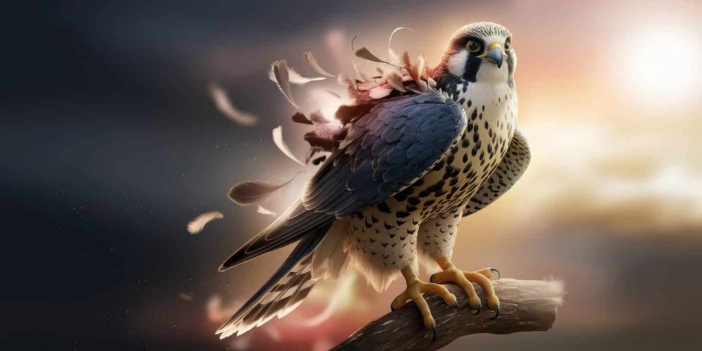 Falcon in mid-molt with falling old feathers and emerging new ones, against a transitioning background from dark to light, symbolizing spiritual transformation and rebirth.